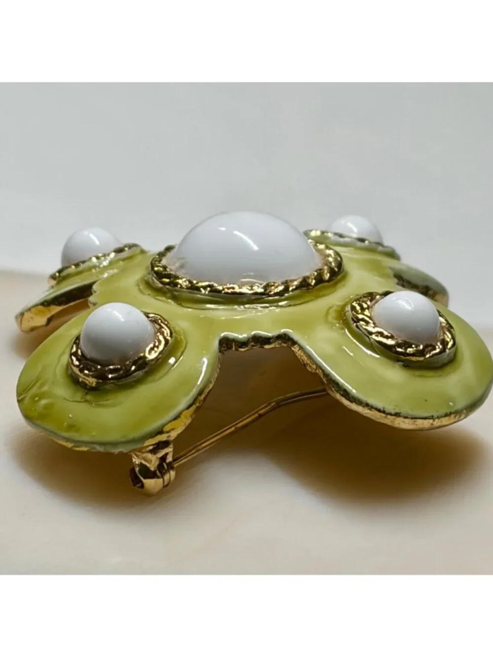 Hobe Gold-Plated Green Enamel Brooch With White Cabochons 2